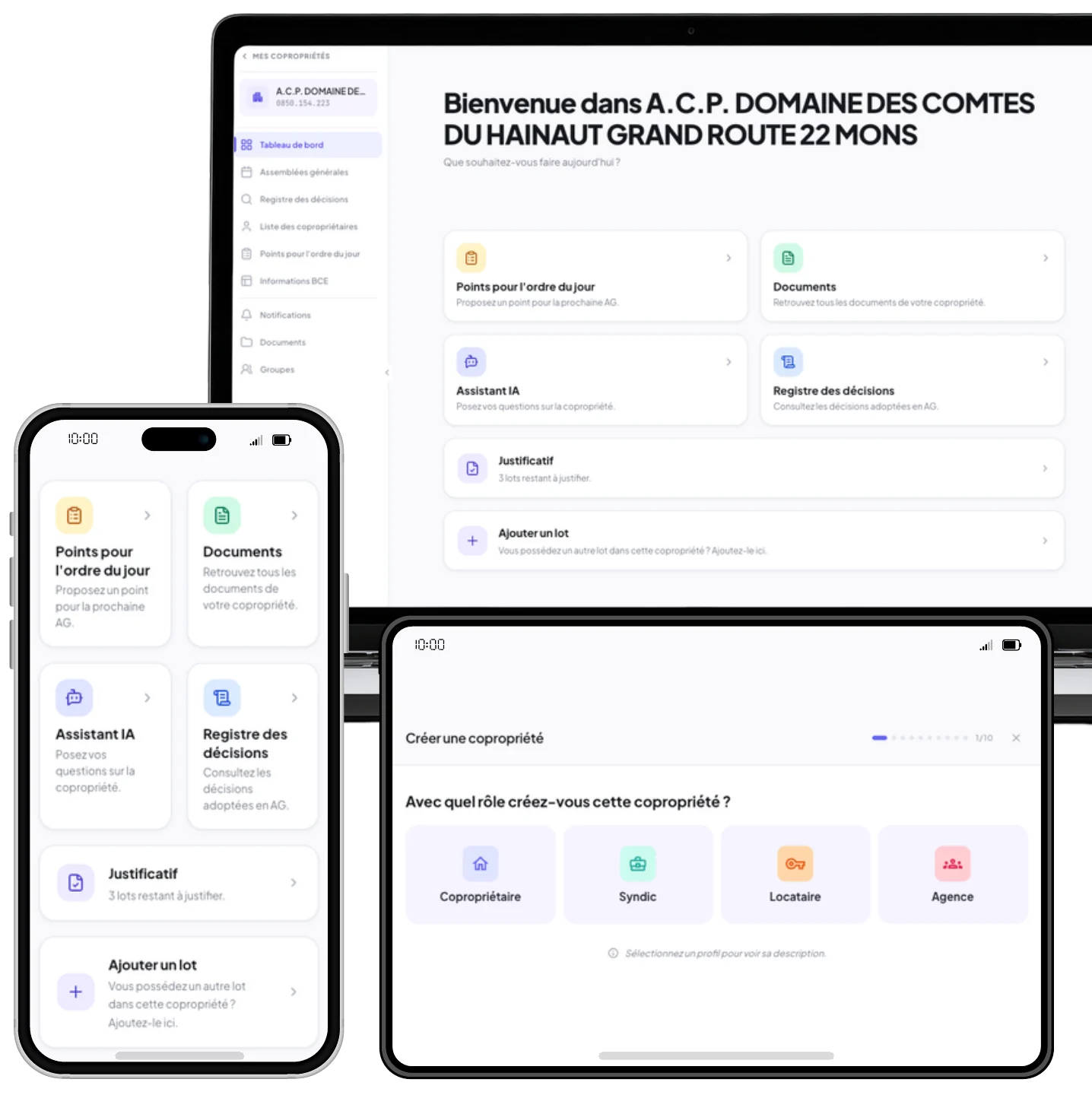 L’application IBC sur ordinateur, téléphone et tablette : tableau de bord d’une ACP, documents, assistant IA et registre des décisions.